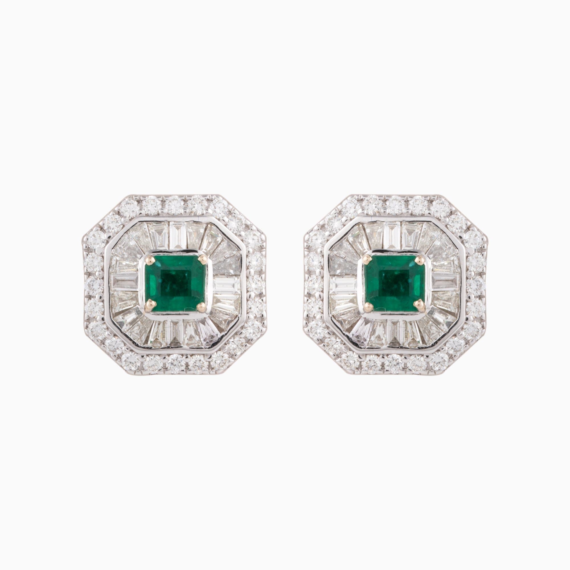 Earring Pair with Octagon Cut Emerald. Round Cut Diamond and Begg Cut Diamond - PGDE0244