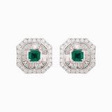 Earring Pair with Octagon Cut Emerald. Round Cut Diamond and Begg Cut Diamond - PGDE0244