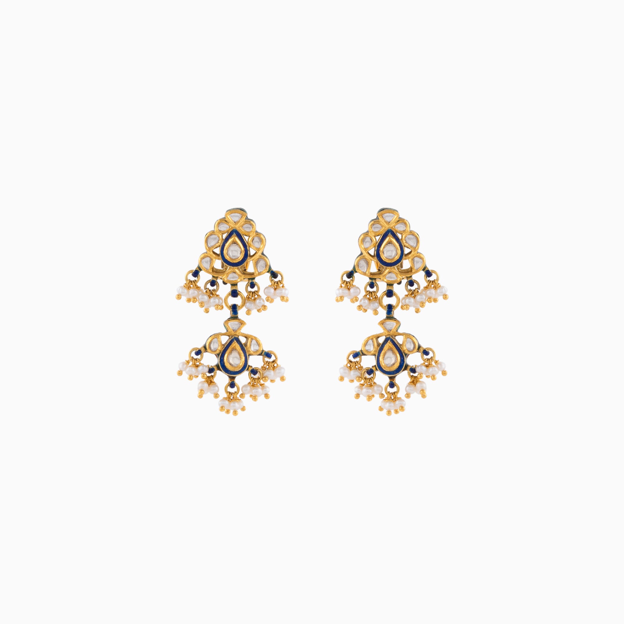 Earring Pair with Gold, Uncut Polki Diamond and Pearls-KMNE1641