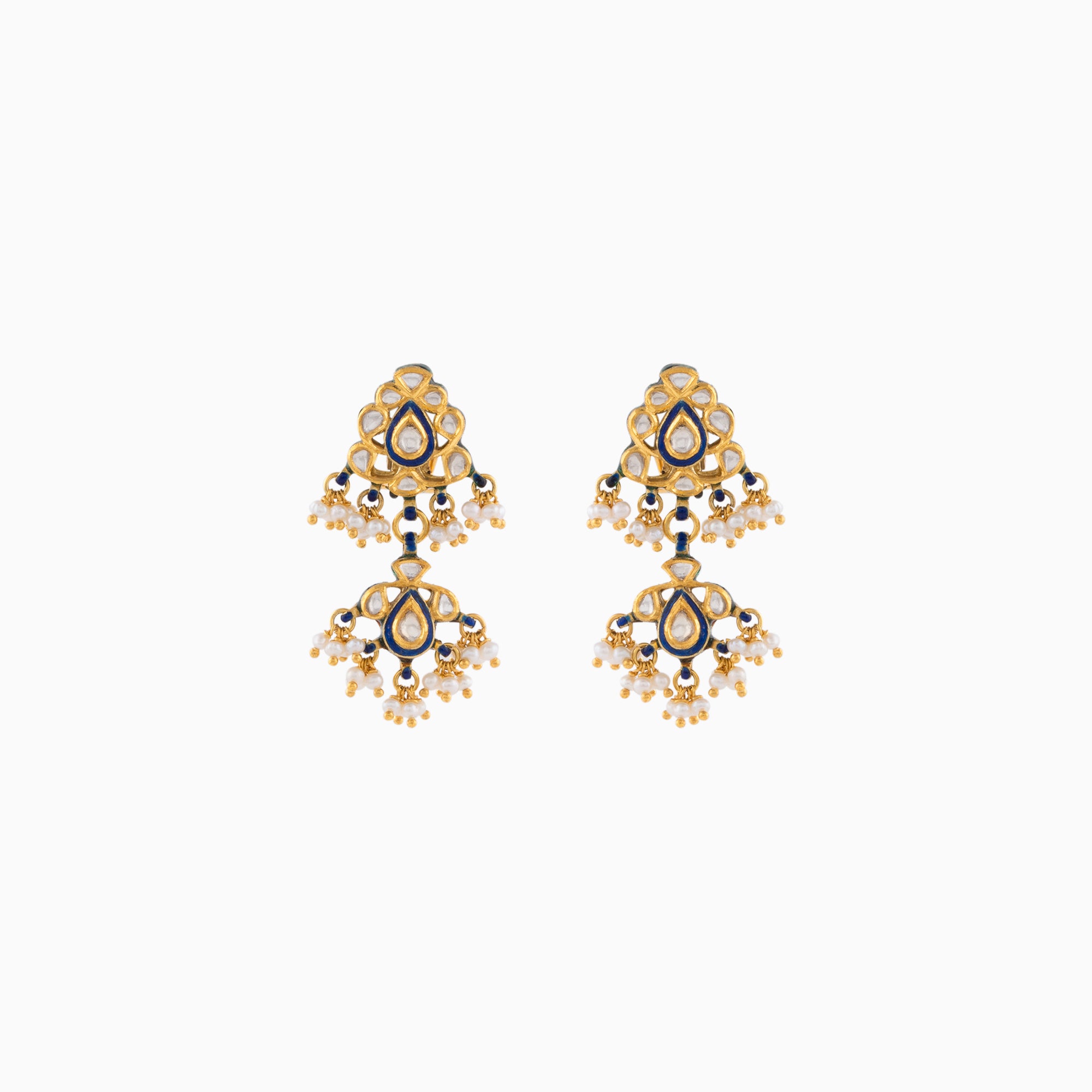 Earring Pair with Gold, Uncut Polki Diamond and Pearls-KMNE1641