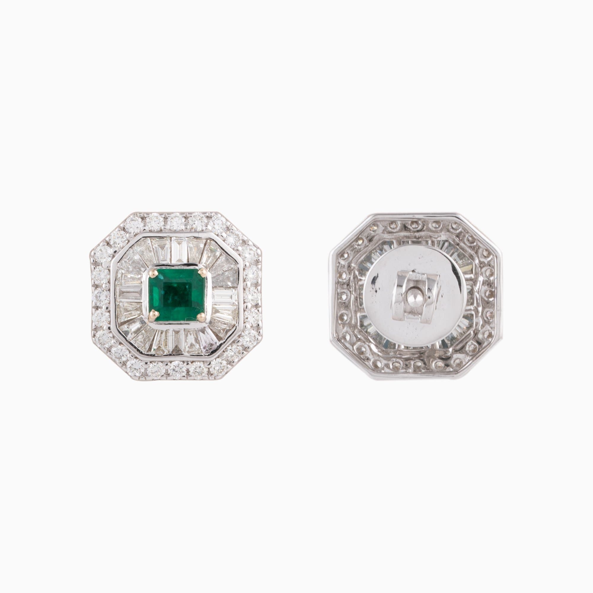 Earring Pair with Octagon Cut Emerald. Round Cut Diamond and Begg Cut Diamond - PGDE0244