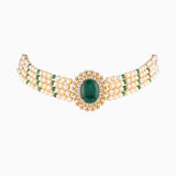 18K Gold Chik Necklace with Emerald Cabochon, Diamonds and Pearls - WDN968