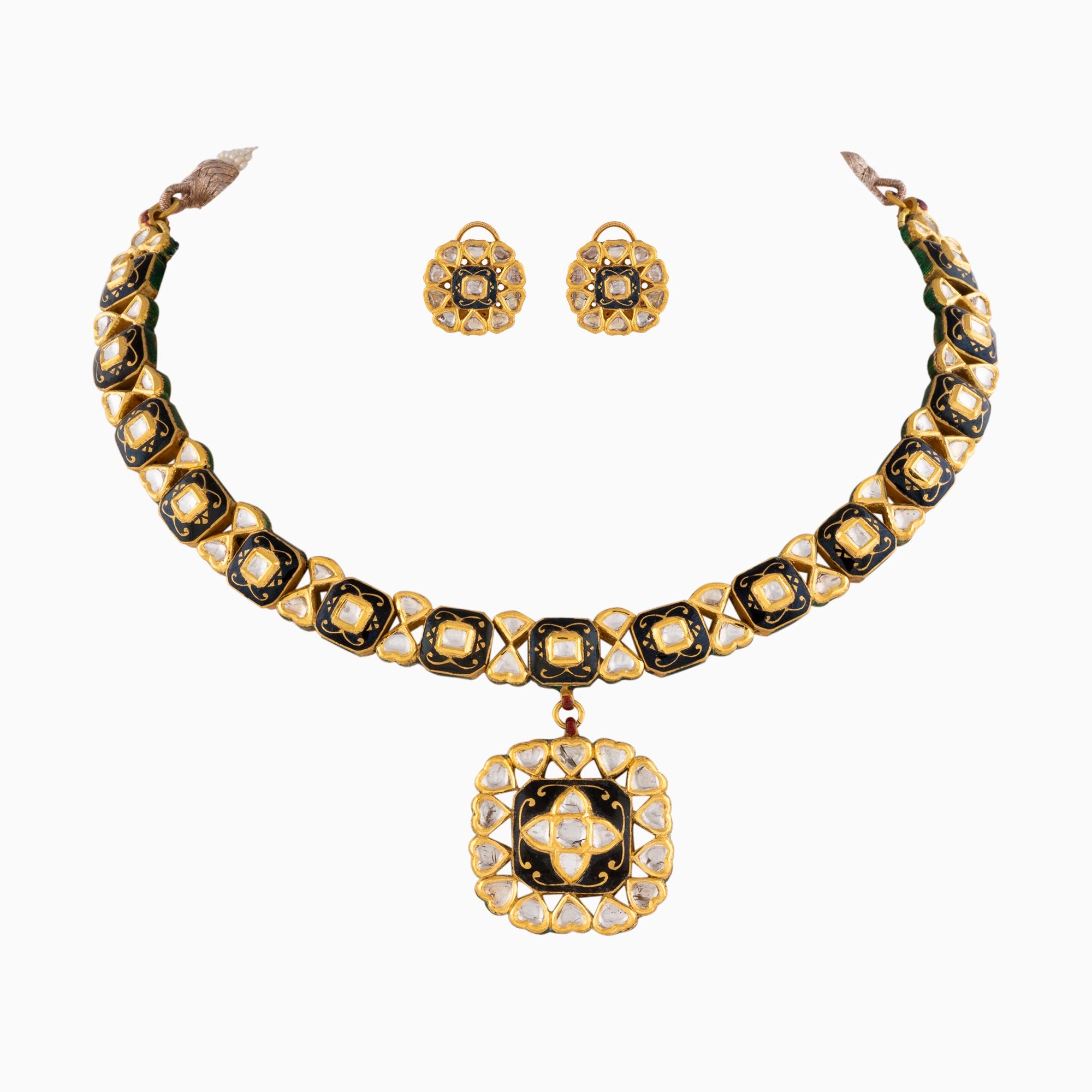 Necklace with Black Meena, Uncut Diamond (Handwork Enamel Doposta)-KMNE0808