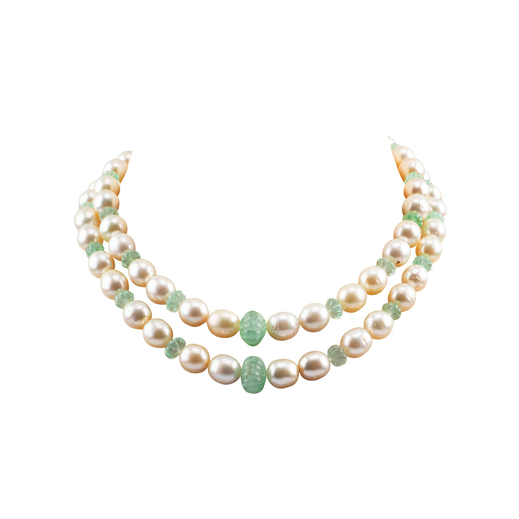 Two line necklace with emerald carved beads and south sea pearls with gold clasp STRG263