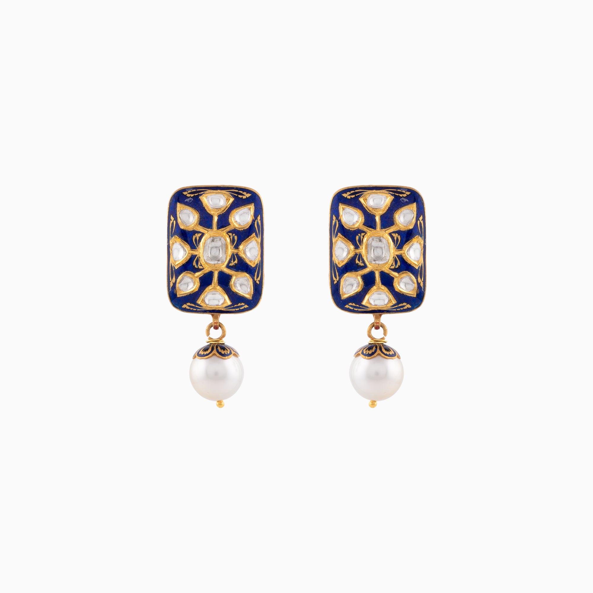 Earring Pair with Uncut Polki Diamond, and S.S. Pearls-KMNE2215