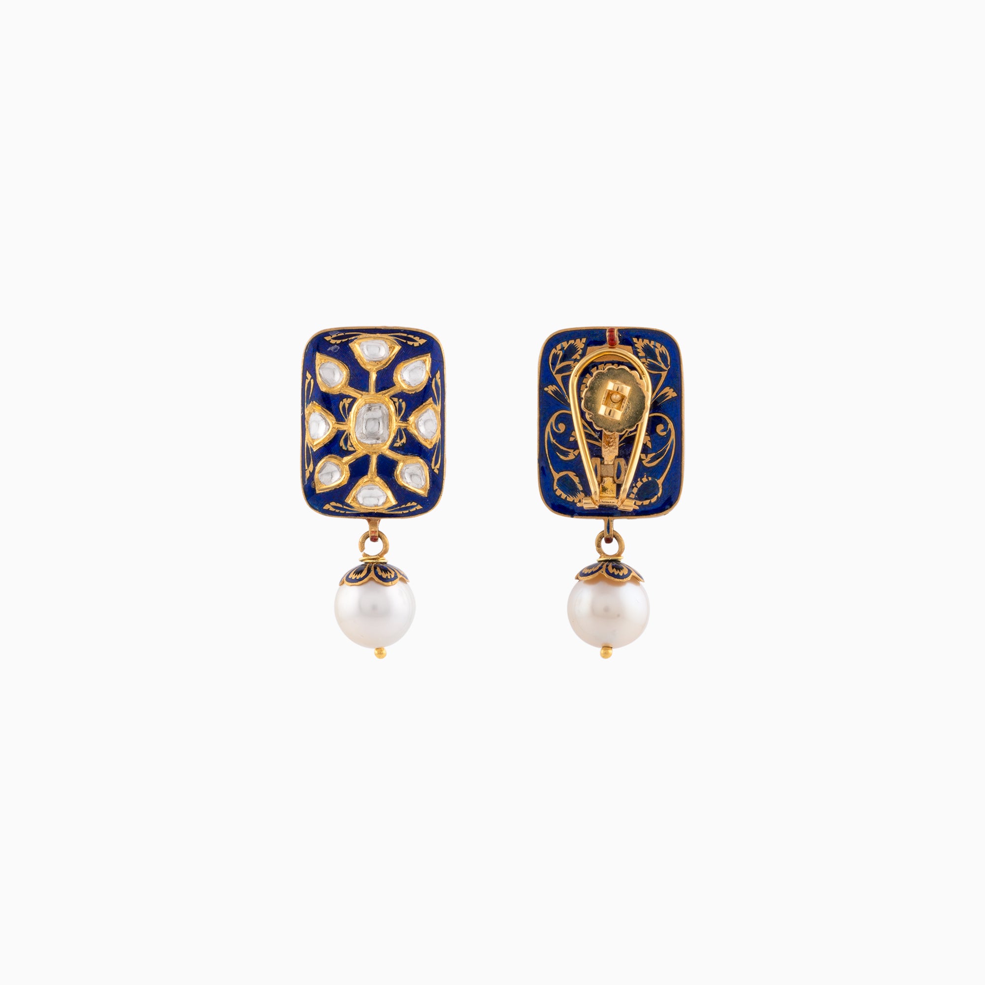 Earring Pair with Uncut Polki Diamond, and S.S. Pearls-KMNE2215