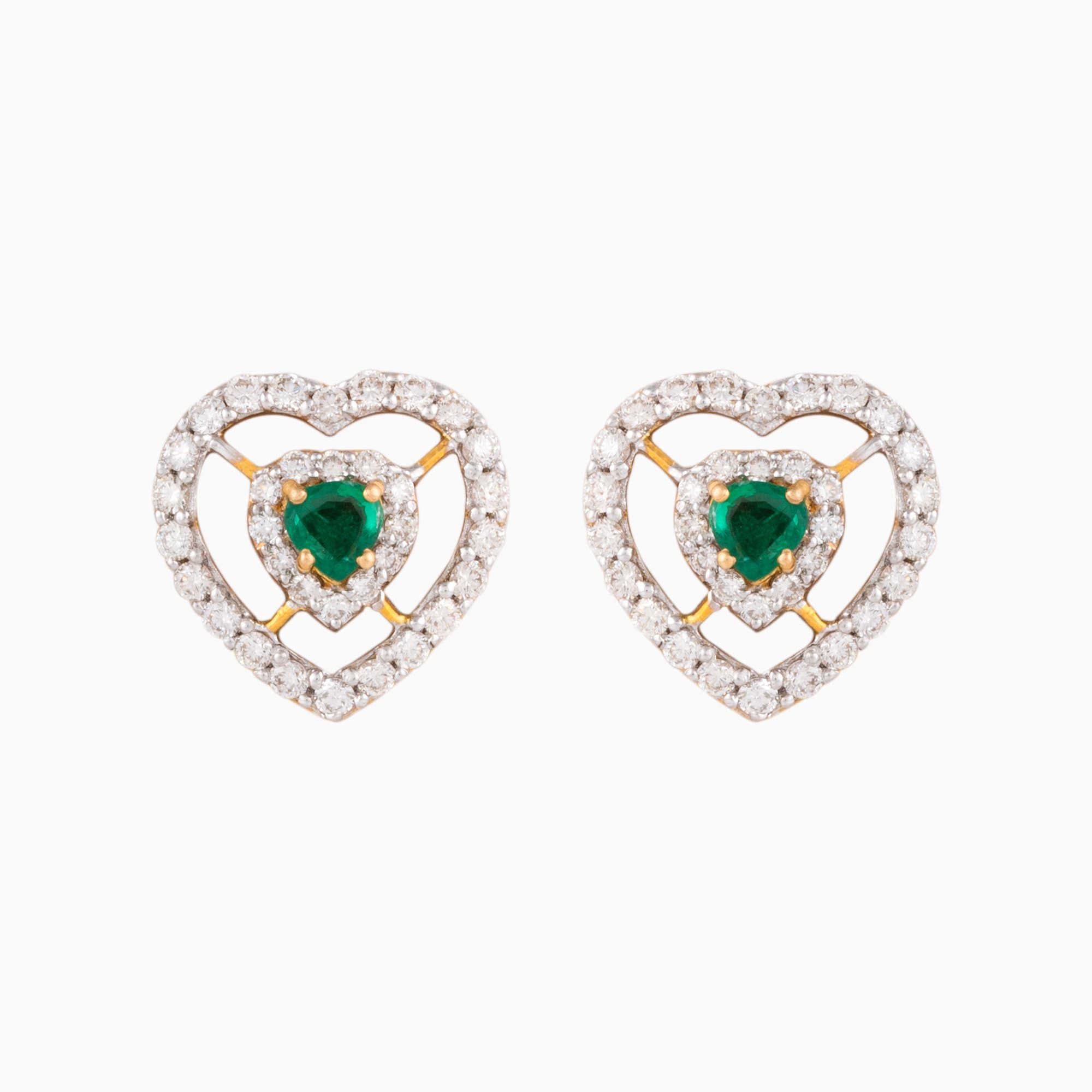 Double Halo Emerald Heart Earrings with Diamonds - WDN844