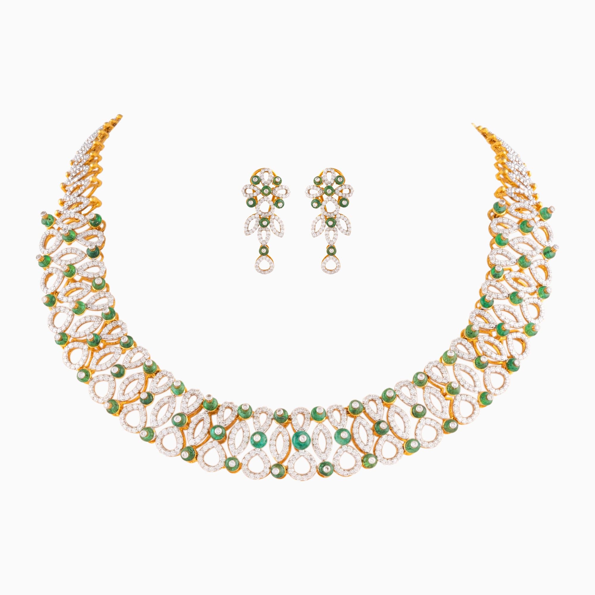 Necklace with Round Cut Diamond and Fungar Emerald Beads - WDN248