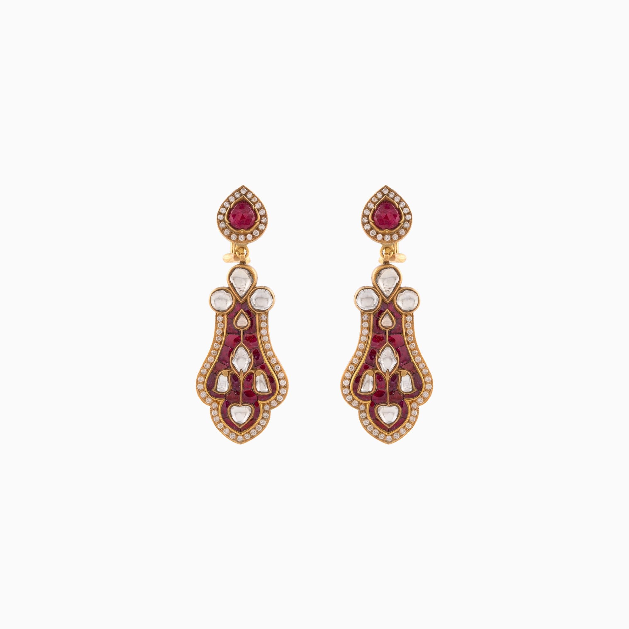 Earring Pair with Red Talaf and Uncut Diamond (Handwork Enamel Ekposta)- KME1685
