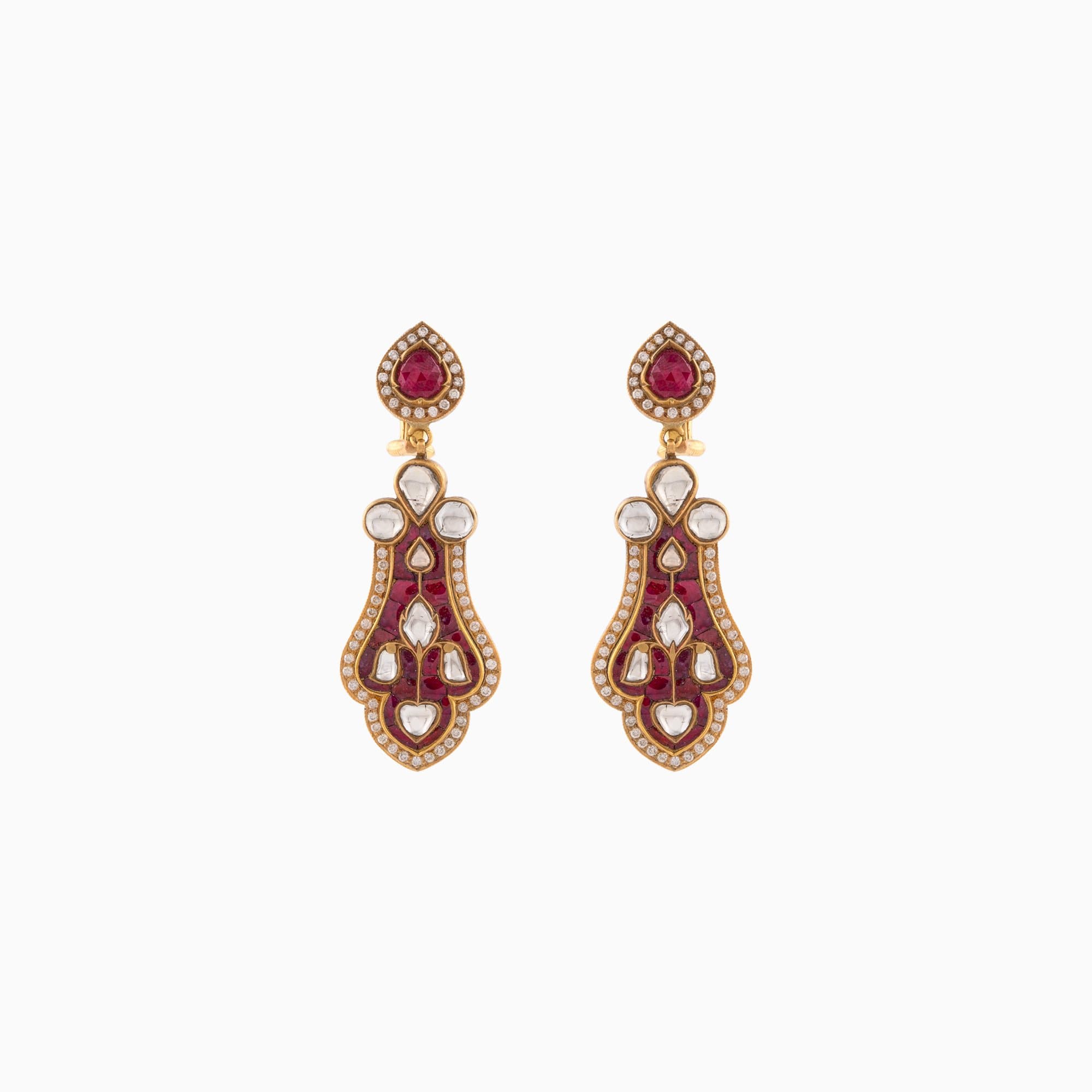 Earring Pair with Red Talaf and Uncut Diamond (Handwork Enamel Ekposta)- KME1685