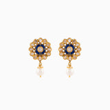 Earring Pair with Blue Handwork Enamel Doposta, Uncut Diamond, Japanese Pearls, F.W. Pearls - KMPE1054