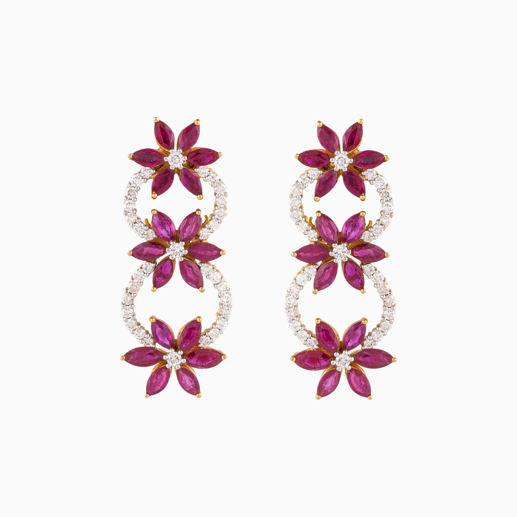 Earring Pair with Round Diamond and Marquise Cut Ruby - GDNE0402