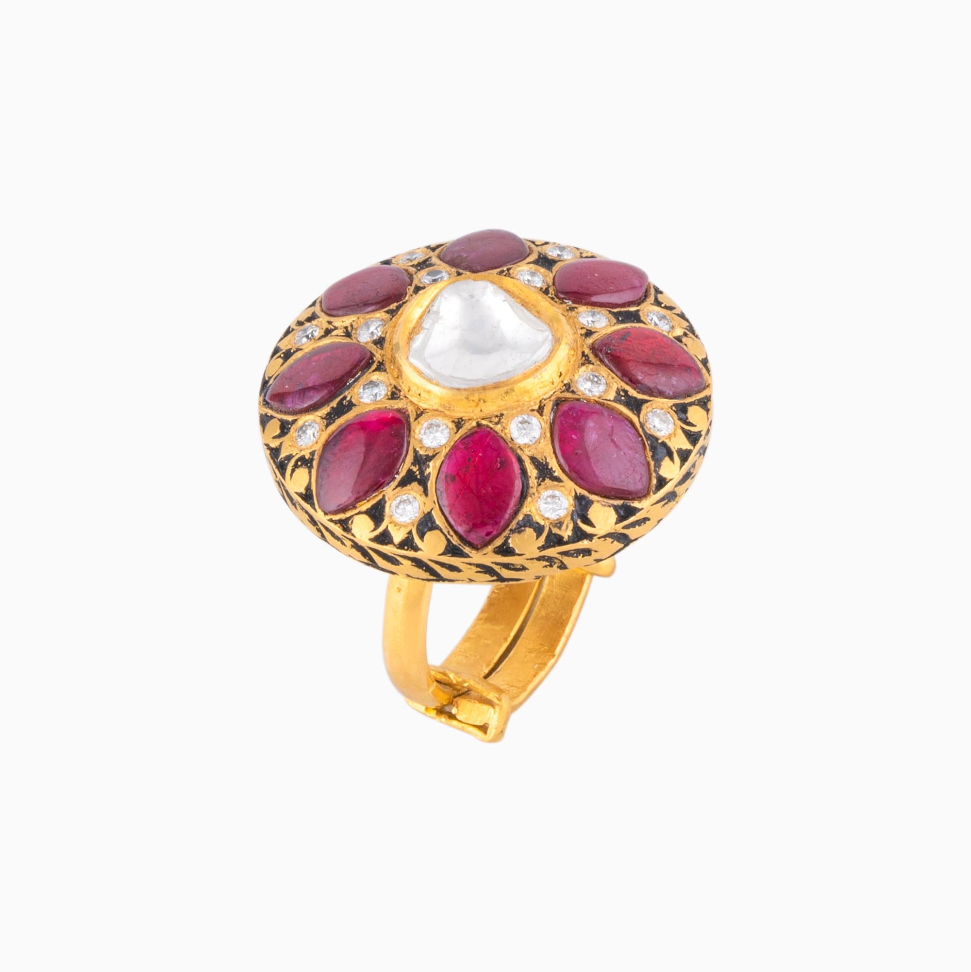 Ring with Red Stone & Polki Diamond, Round Cut Diamond - KMR0133