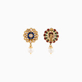 Earring Pair with Blue Handwork Enamel Doposta, Uncut Diamond, Japanese Pearls, F.W. Pearls - KMPE1054