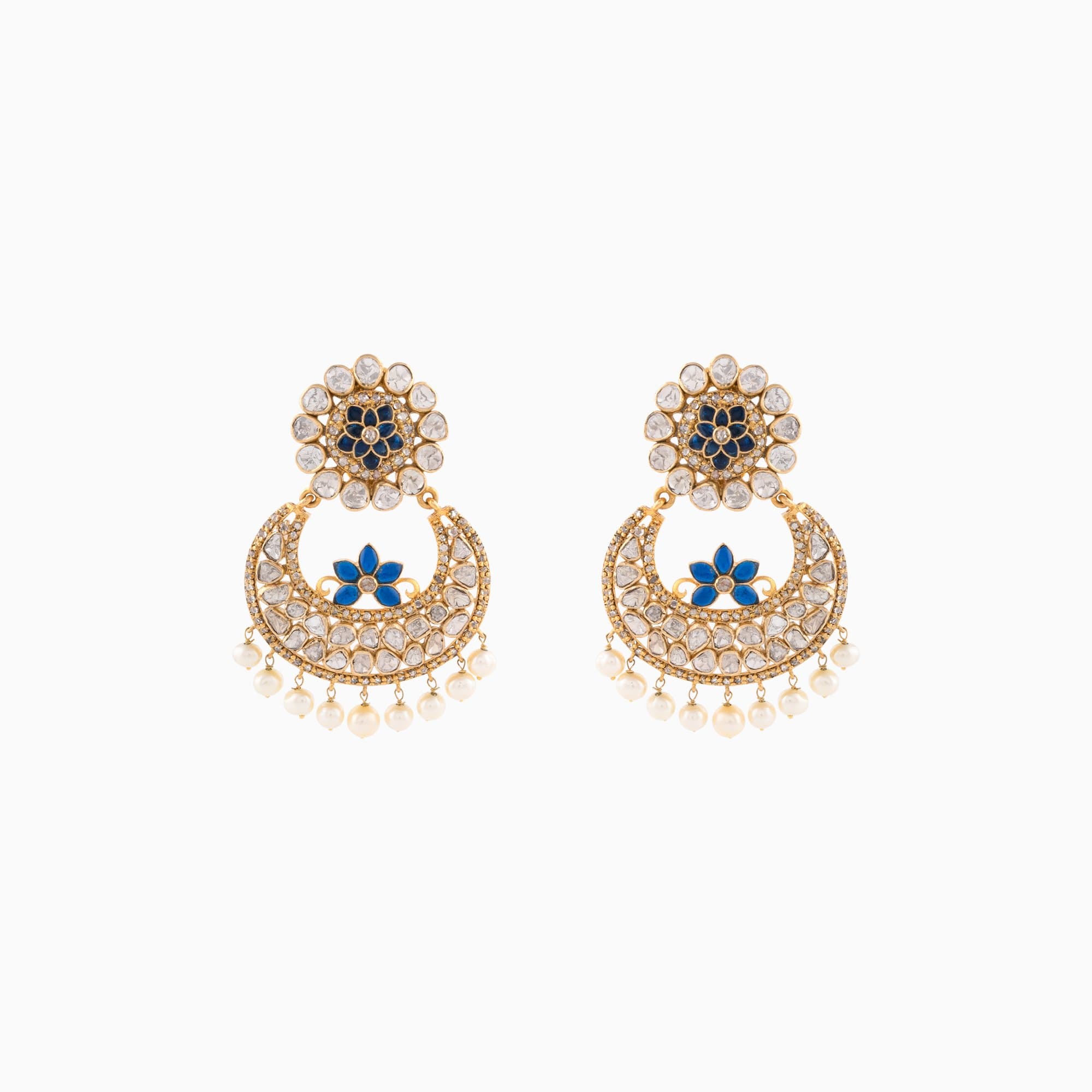 Earring Pair with Polki Diamond, Rose Cut, Blue Stone and Pearls-KME1858