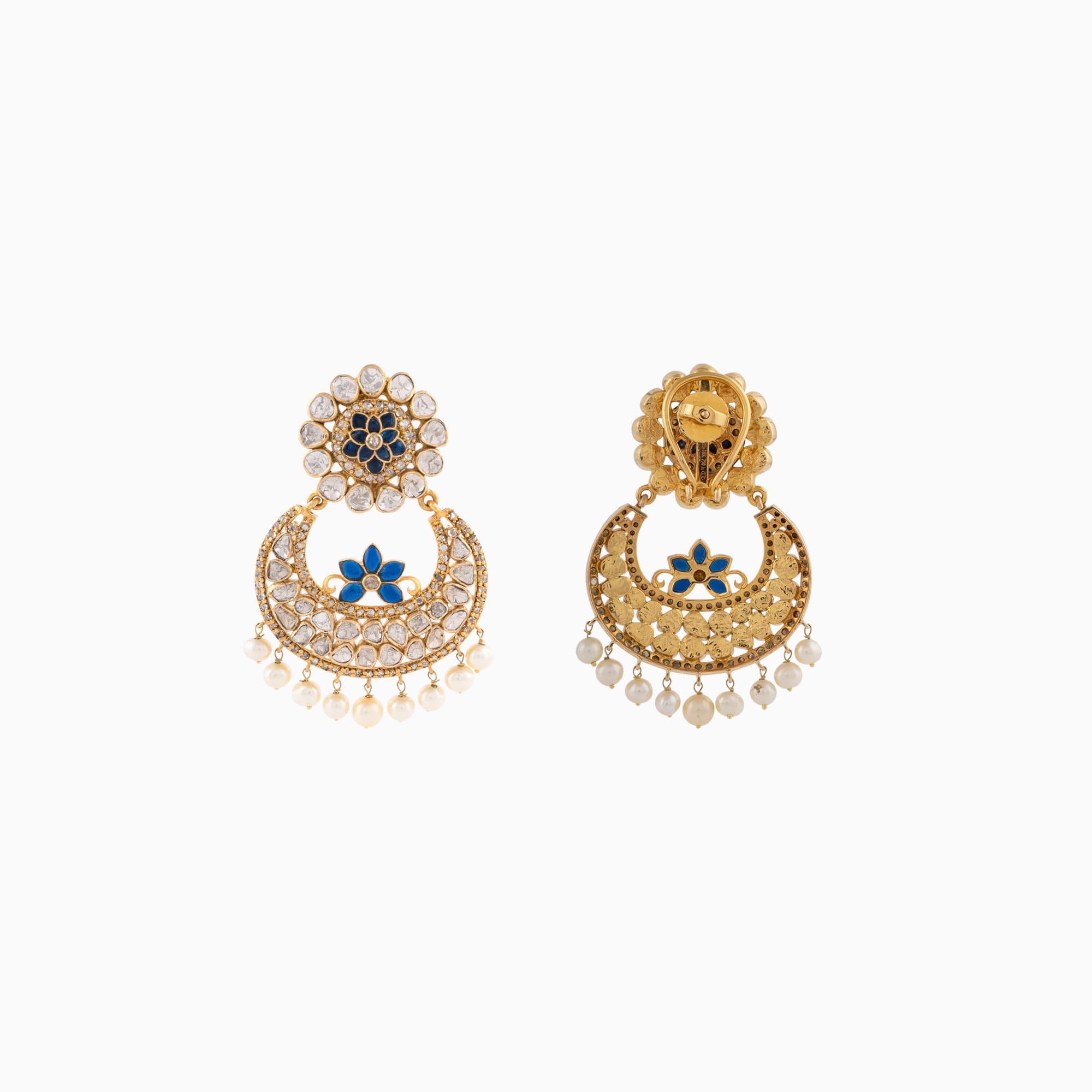 Earring Pair with Polki Diamond, Rose Cut, Blue Stone and Pearls-KME1858