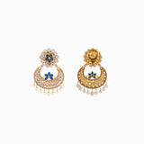 Earring Pair with Polki Diamond, Rose Cut, Blue Stone and Pearls-KME1858