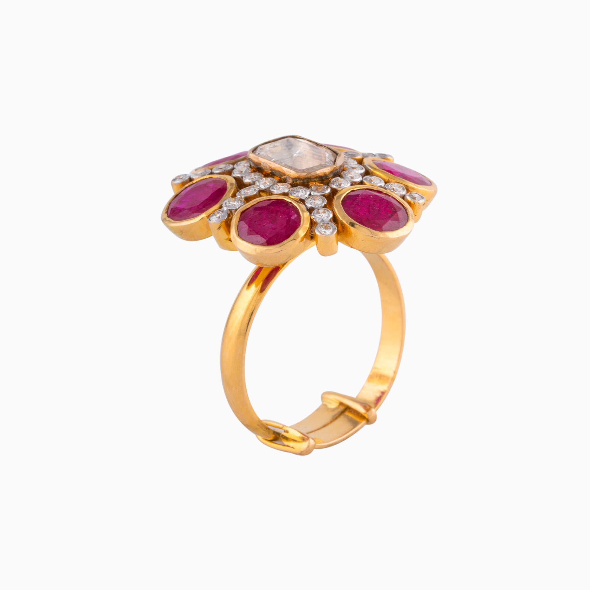 Ring with Uncut Polki Diamond, Round Cut Diamond and Ruby-KMR0112