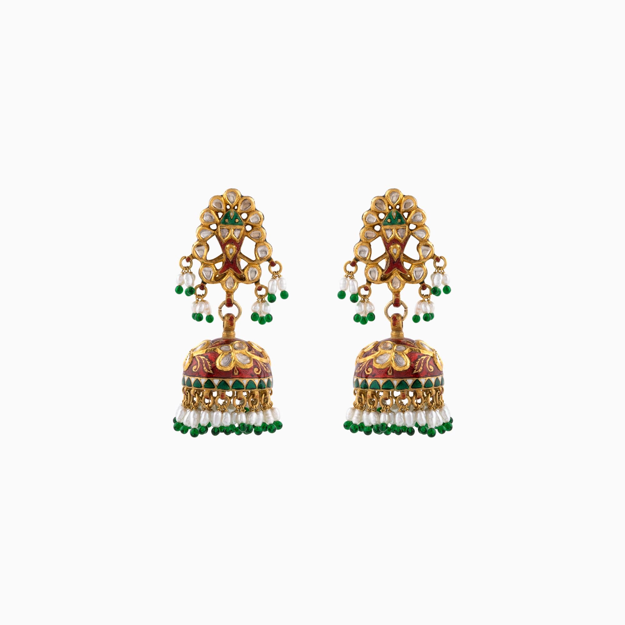 22K Gold Jadau Jhumki Pair with Red, Green Handwork Enamel Doposta, Uncut Polki Diamonds - KMNE2679