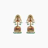 22K Gold Jadau Jhumki Pair with Red, Green Handwork Enamel Doposta, Uncut Polki Diamonds - KMNE2679