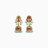 22K Gold Jadau Jhumki Pair with Red, Green Handwork Enamel Doposta, Uncut Polki Diamonds - KMNE2679