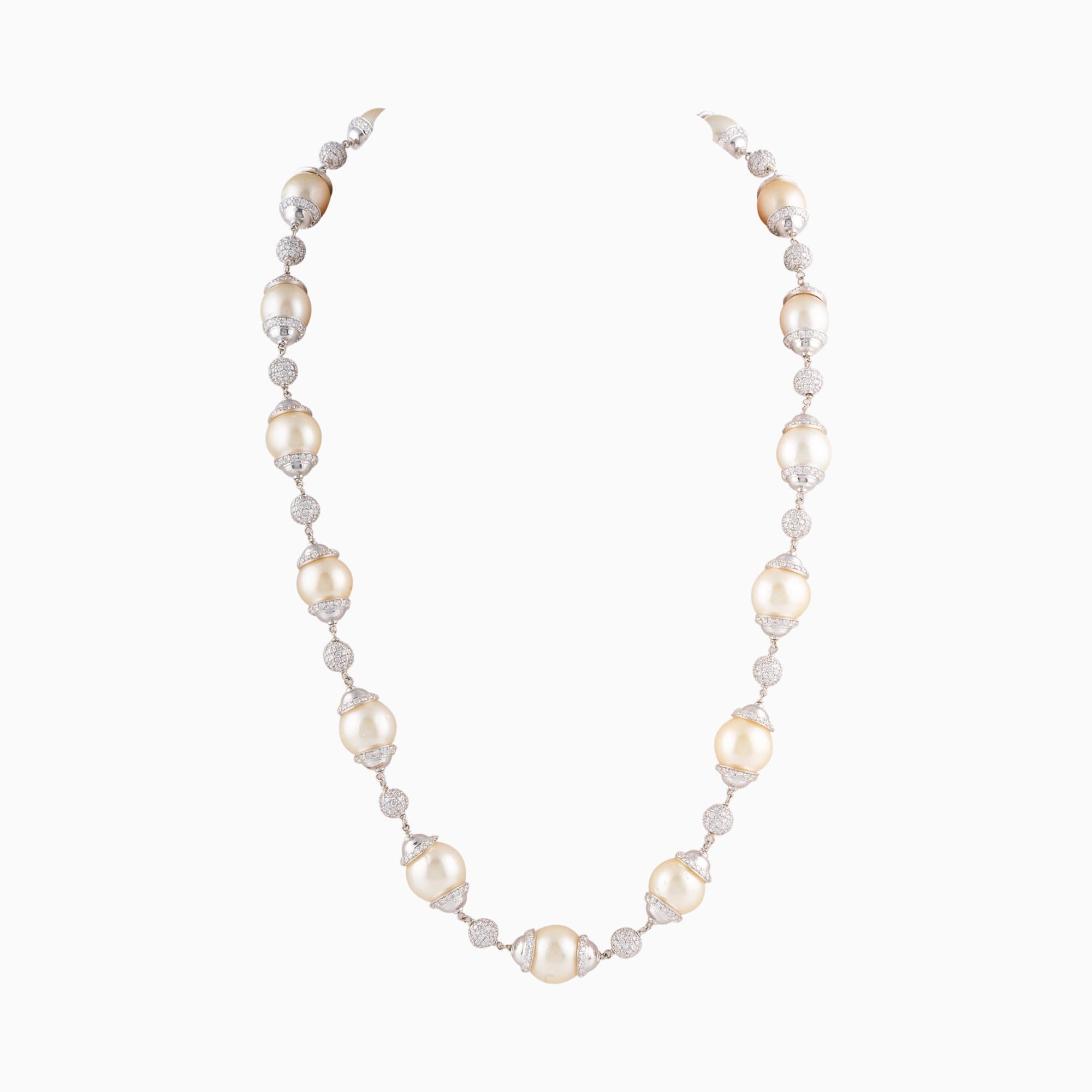 Necklace with Round Cut Diamond and S.S. Pearls with Gold Links-WDN063