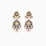 22K Jadau Earring Pair with Blue Meena, Uncut Diamond Polki, South Sea Pearls, Ruby Beads - KMNE1307