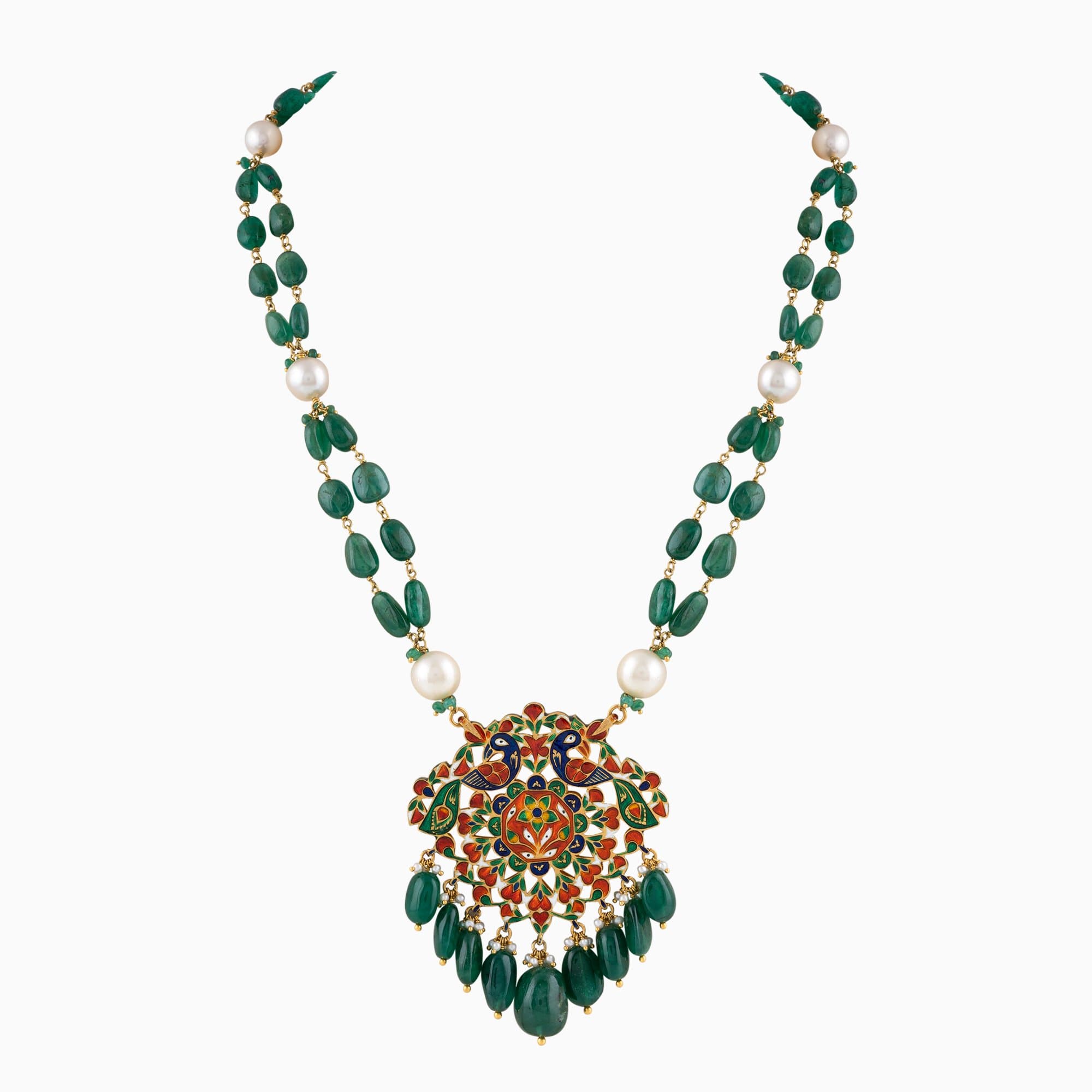Pendant with Peacock Handwork Enamel Doposta, Uncut Diamond, Emerald Maniya, S.S. Moti, Cultured Pearls-KMPE1056