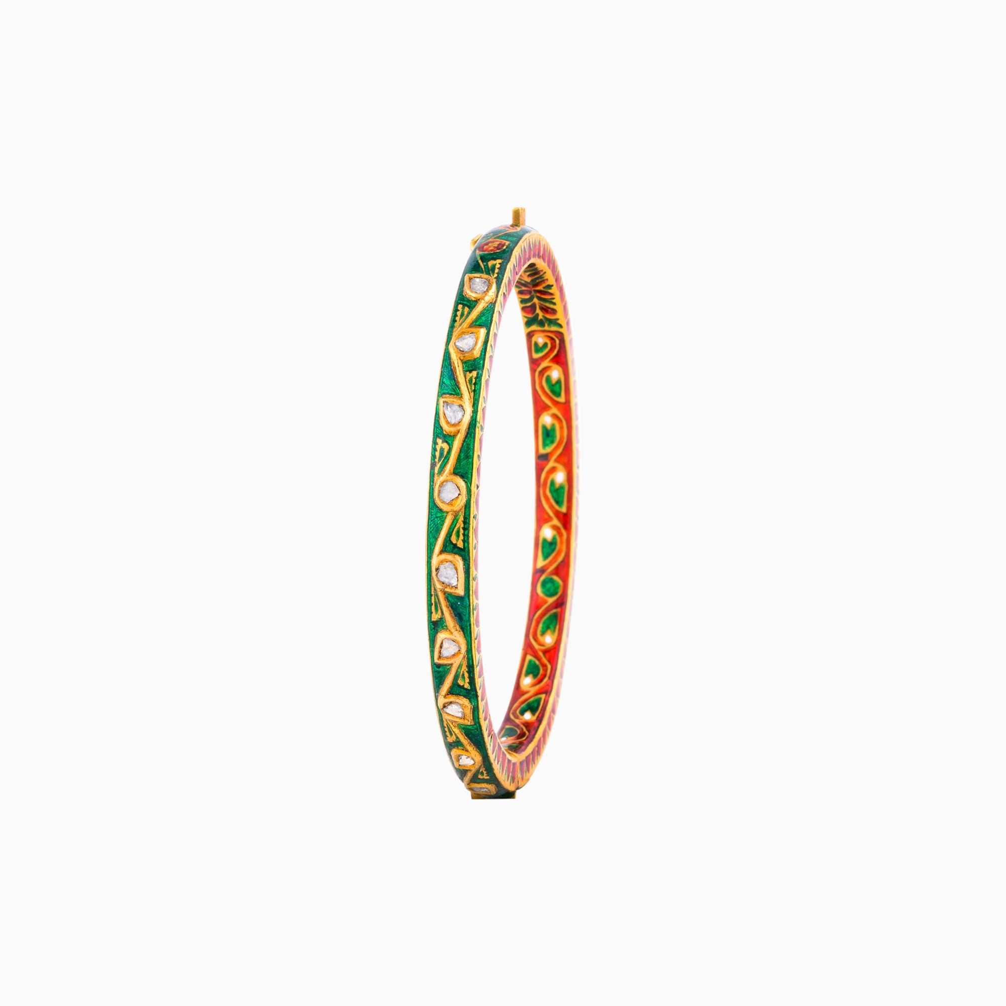 Green Meena Bangle with Uncut Diamond- KMB0258