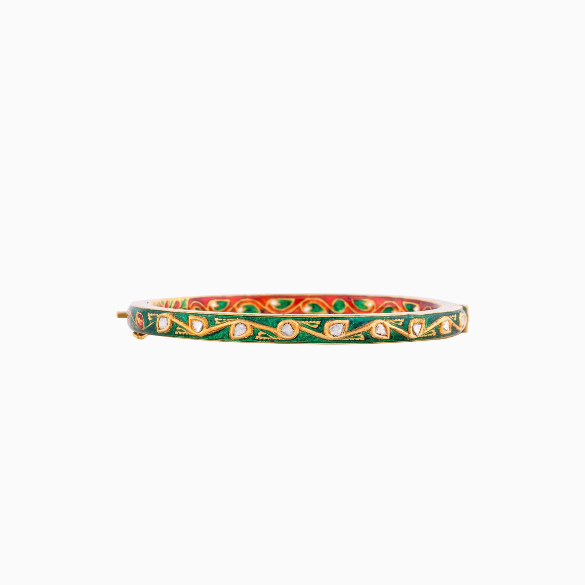 Green Meena Bangle with Uncut Diamond- KMB0258