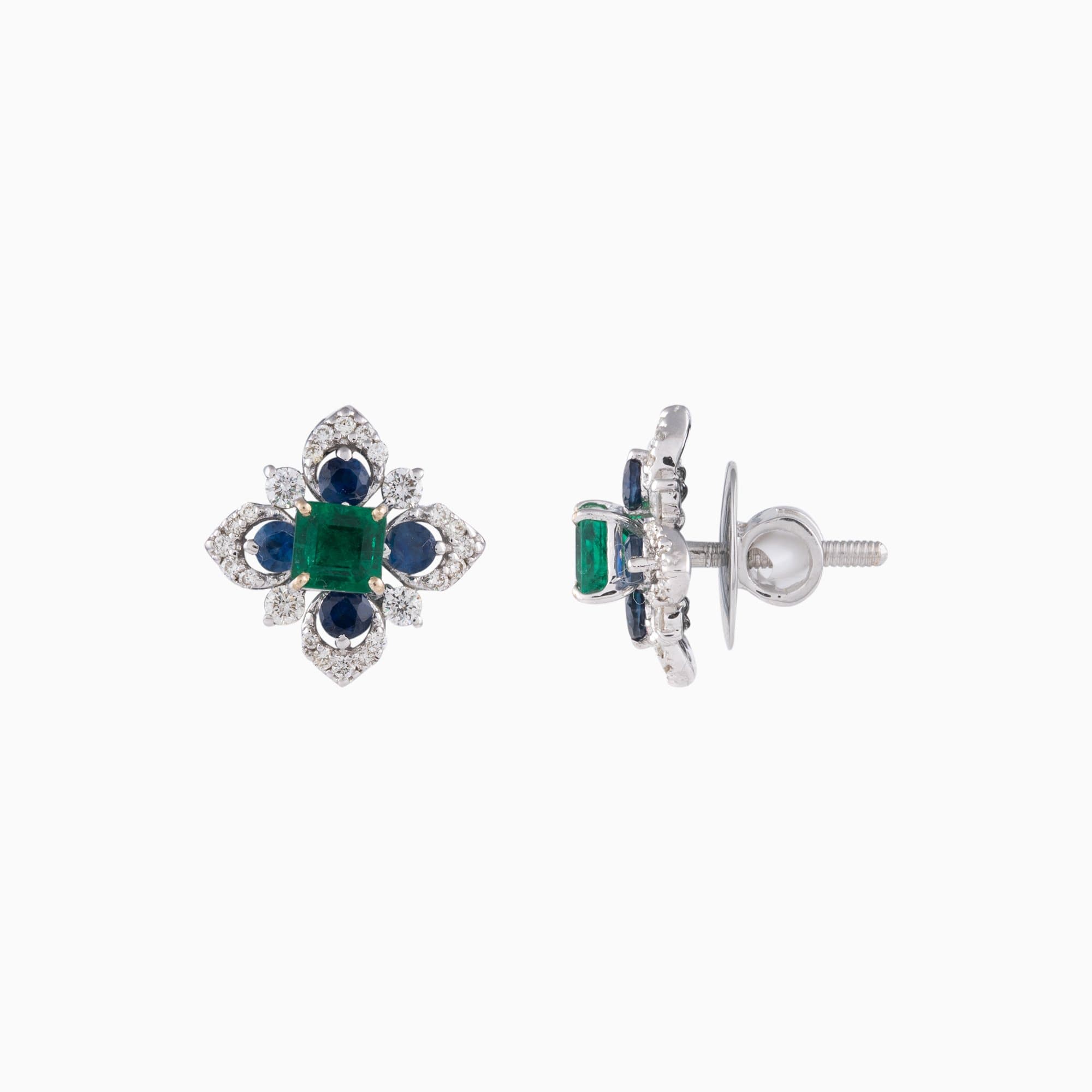 Earring Pair with Octagon Cut Emerald, Blue Sapphire and Round Cut Diamond - PGDE0245