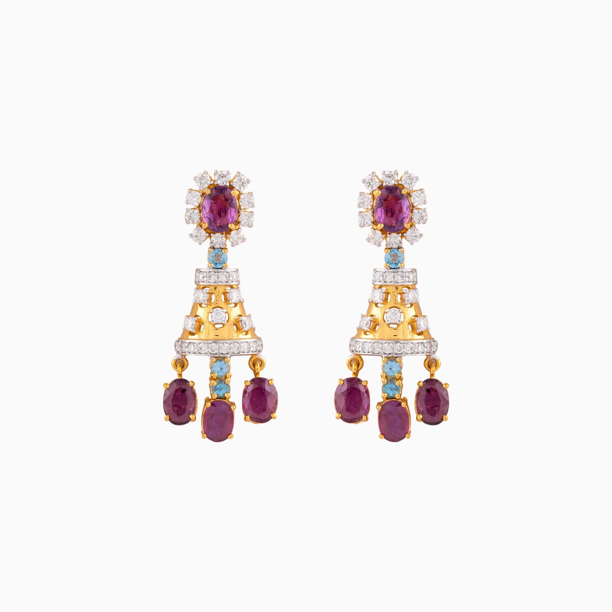 Earring Pair with Round Cut Diamond, Blue Topaz Stone and Oval Cut Ruby-WDN985