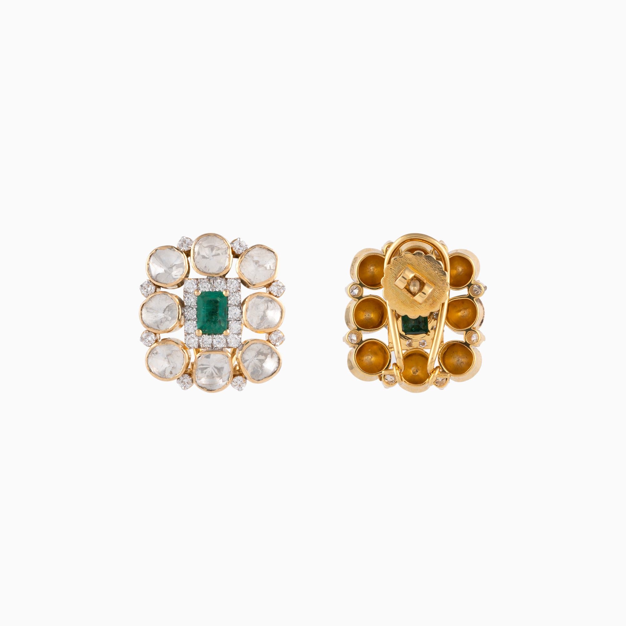 Earring Pair with Round Cut Diamond, Polki Diamond and Emerald Stone-WDN818