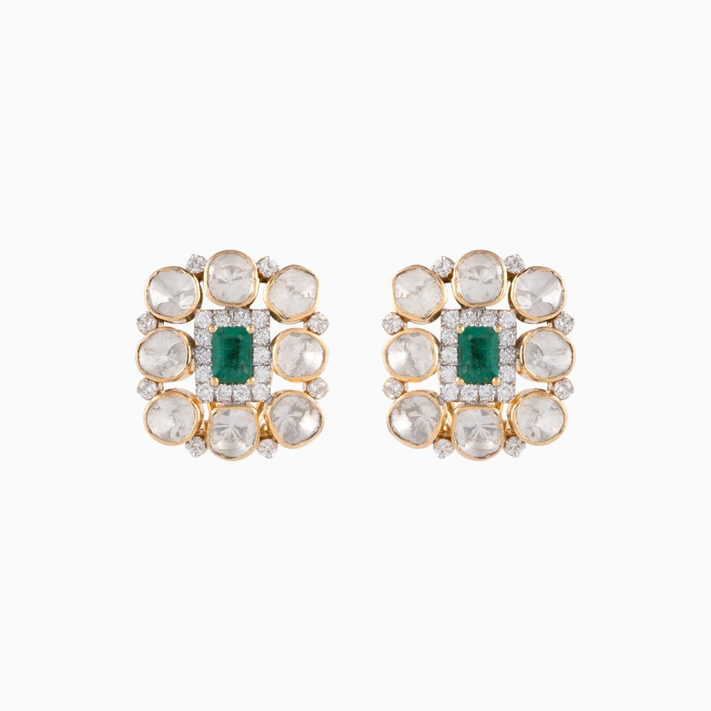Earring Pair with Round Cut Diamond, Polki Diamond and Emerald Stone-WDN818