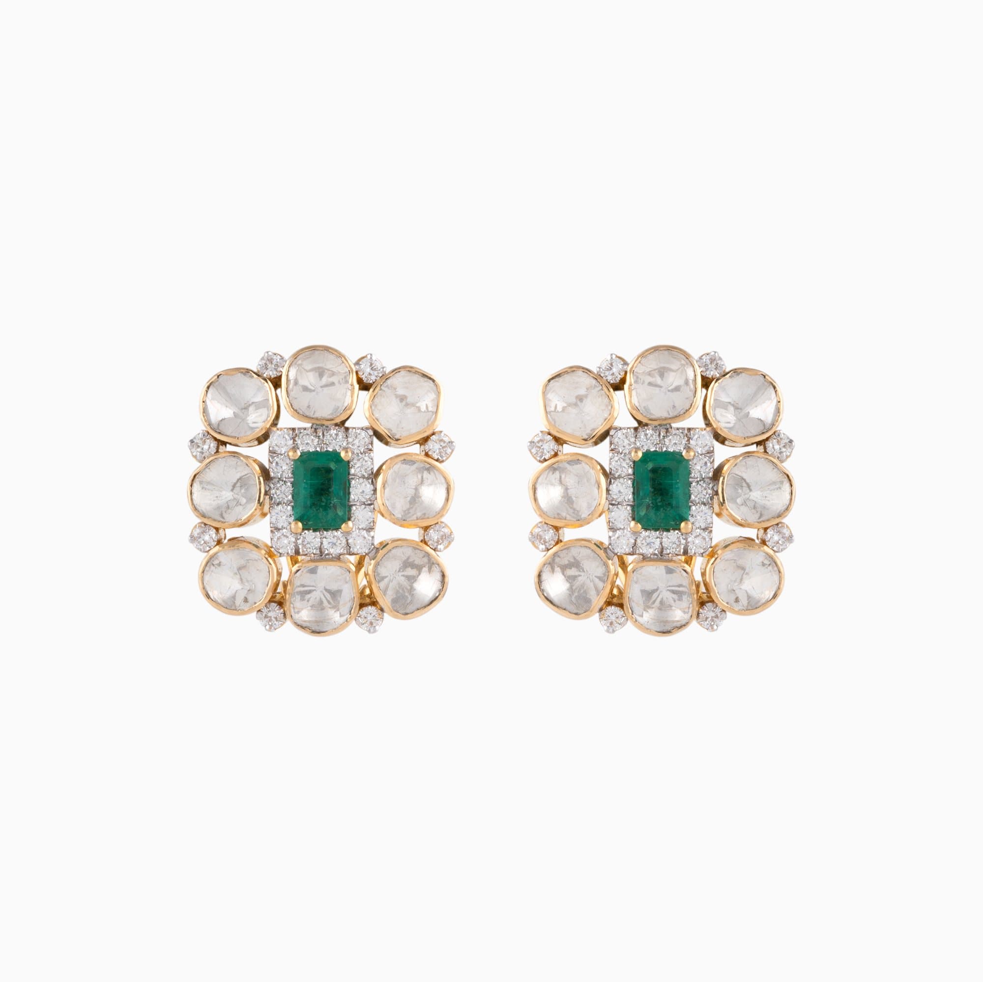 Earring Pair with Round Cut Diamond, Polki Diamond and Emerald Stone-WDN818