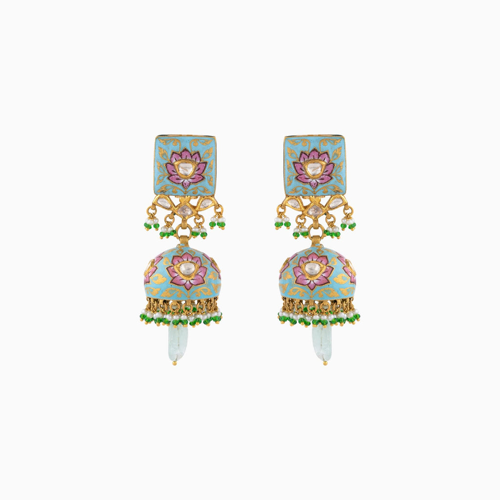 Earring Pair (Jhoomki) with Pink, Firoza Meena, Uncut Diamond, Emerald Maniya, Green Cheed and Pearls - KMNE2759