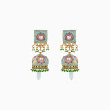 Earring Pair (Jhoomki) with Pink, Firoza Meena, Uncut Diamond, Emerald Maniya, Green Cheed and Pearls - KMNE2759