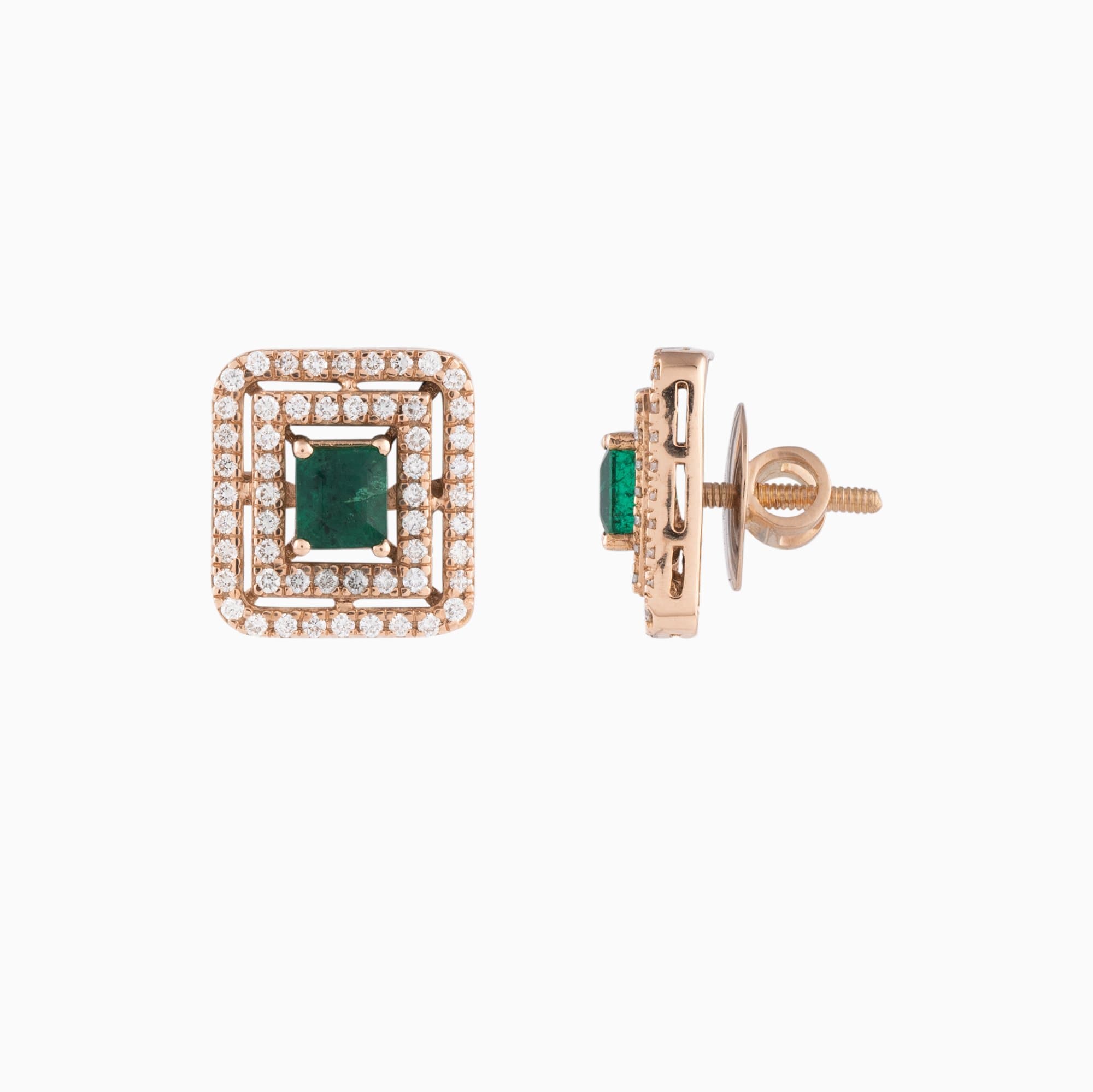 Earring Pair with Octagon Cut Emerald, Round Cut Diamond- PGDE0247
