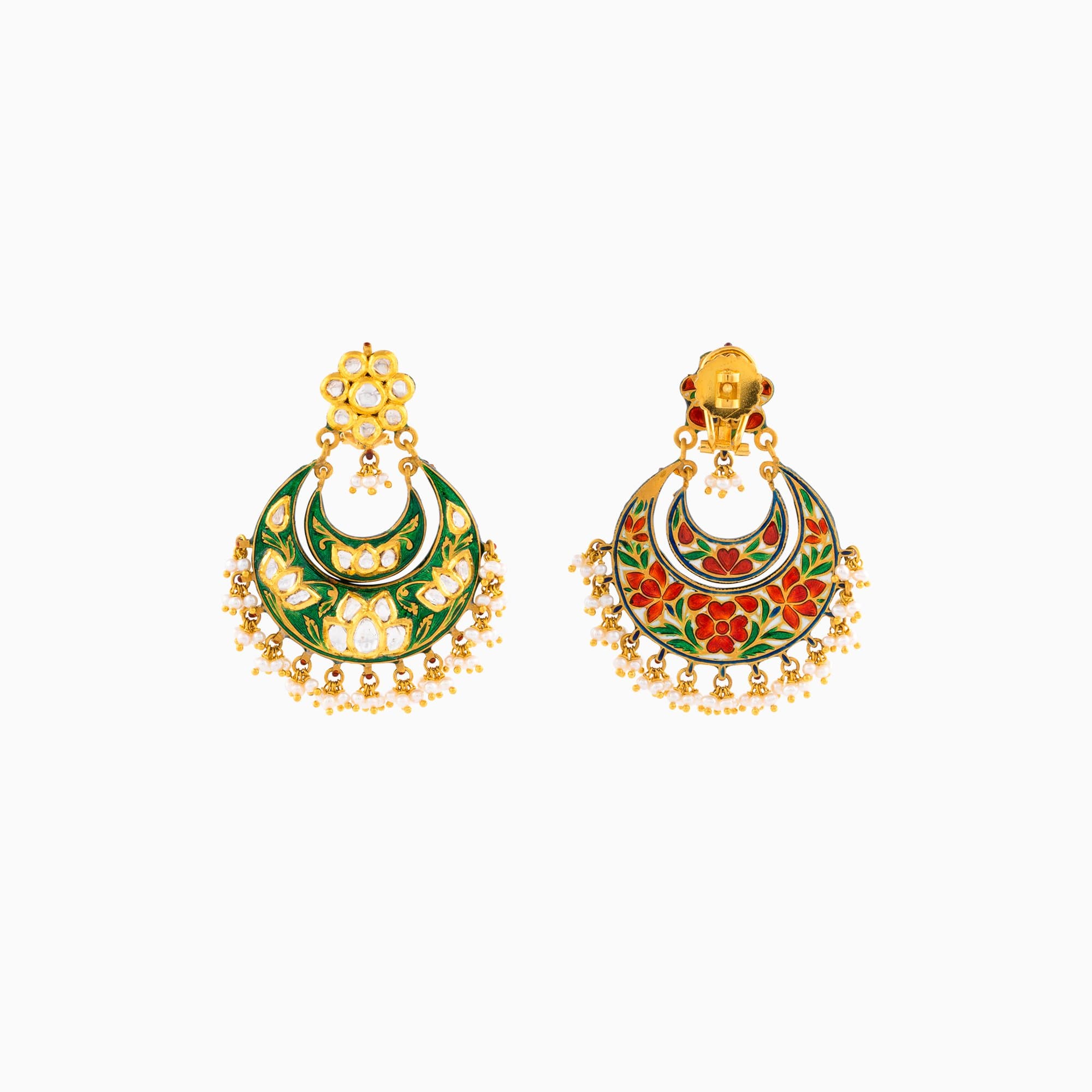 22K Chandbali Earrings with Uncut Diamonds, Cultured Pearls (Handwork Enamel Doposta)-KME1562