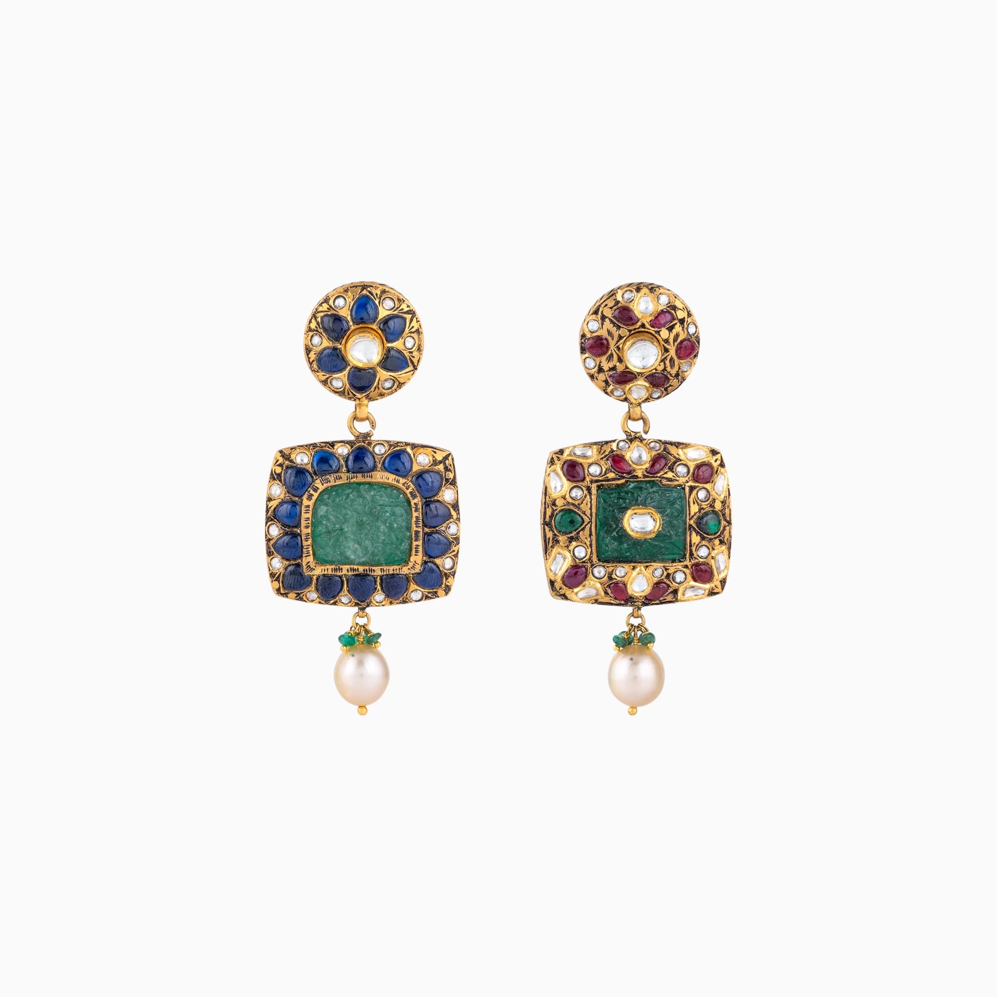 Reversible Earring Pair with Polki Diamond, Rose Cut Diamond, S.S. Pearl, Emerald Beads, Green Beryl (Double Side)- KMPE1090