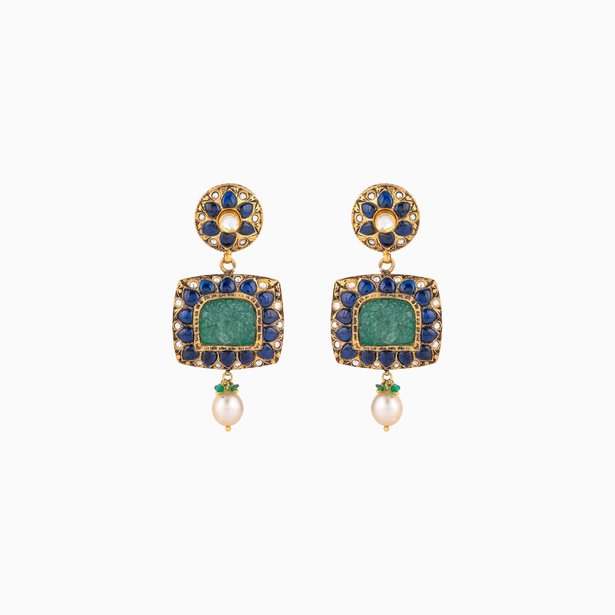 Reversible Earring Pair with Polki Diamond, Rose Cut Diamond, S.S. Pearl, Emerald Beads, Green Beryl (Double Side)- KMPE1090