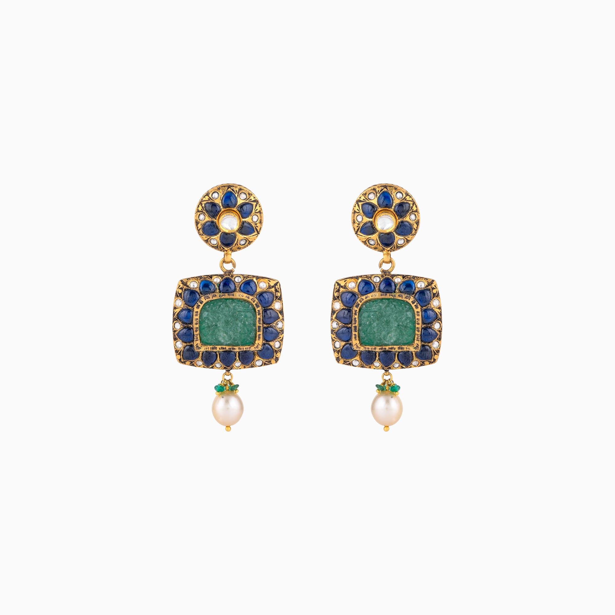 Reversible Earring Pair with Polki Diamond, Rose Cut Diamond, S.S. Pearl, Emerald Beads, Green Beryl (Double Side)- KMPE1090