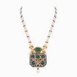 Pendant with Ruby Talaf, Emerald Carved with Uncut Diamond, Rose Cut Diamond, Ruby Beads and Pearls (Japanese, Cultured), S.S. Pearls-KMPE1112