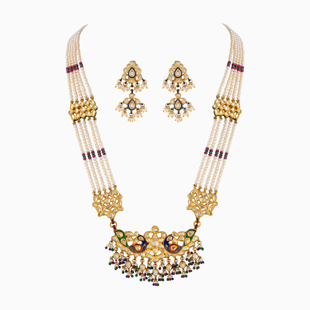 Necklace (Mini Patrihaar) with Uncut Diamond, Japanese Pearls and Cultured Pearls (Handwork Enamel Ekposta)- KMNE2868