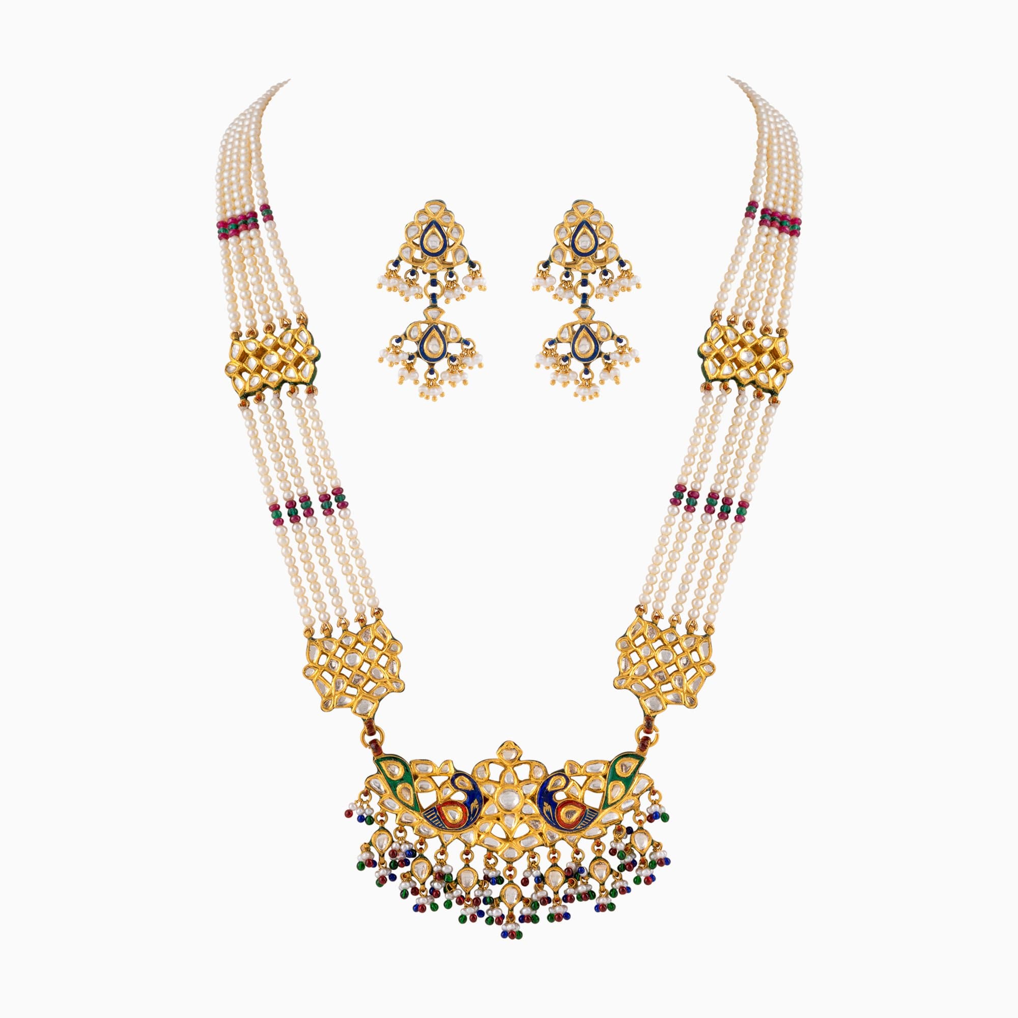 Necklace (Mini Patrihaar) with Uncut Diamond, Japanese Pearls and Cultured Pearls (Handwork Enamel Ekposta)- KMNE2868