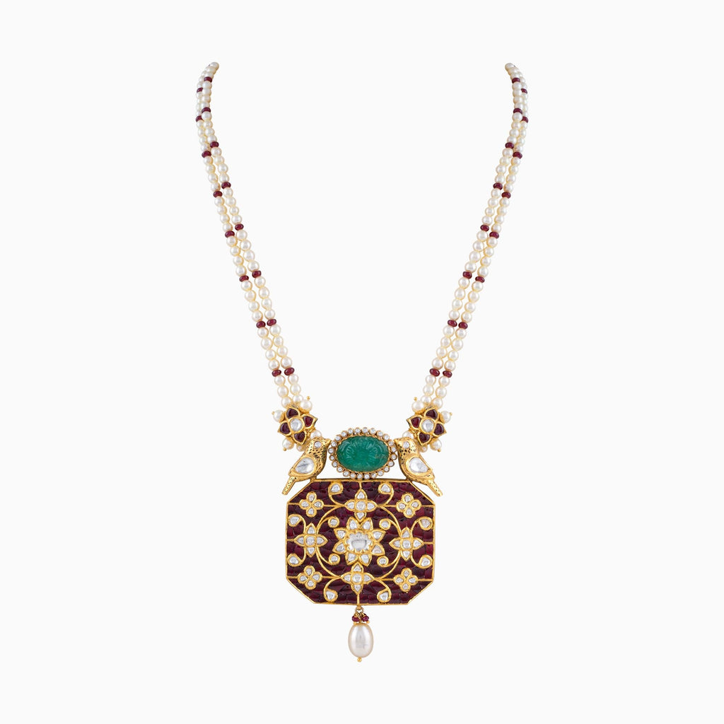 Pendant with Ruby Talaf, Emerald Carved with Uncut Diamond, Rose Cut Diamond, Ruby Beads and Pearls (Japanese, Cultured), S.S. Pearls-KMPE1112