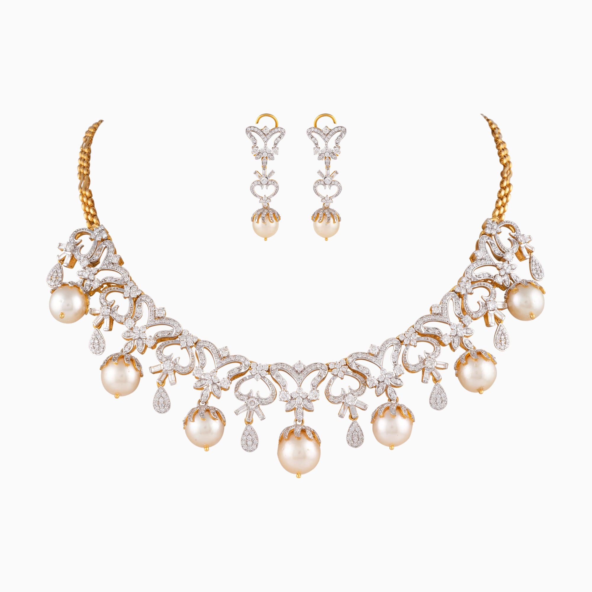 Necklace with Round Cut Diamond, Begg Cut Diamond, S.S. Pearls with Cap in Gold Chain + dia. begg. + s s moti + cap + gold chain-WDN942