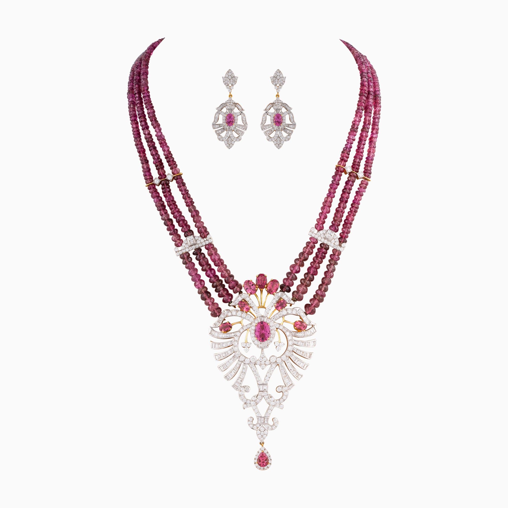 Necklace and Earring Pair with Round Cut Diamond, BG. , Turm Cut Oval, Pear Shaped, Turm Faceted Beads - WDN732