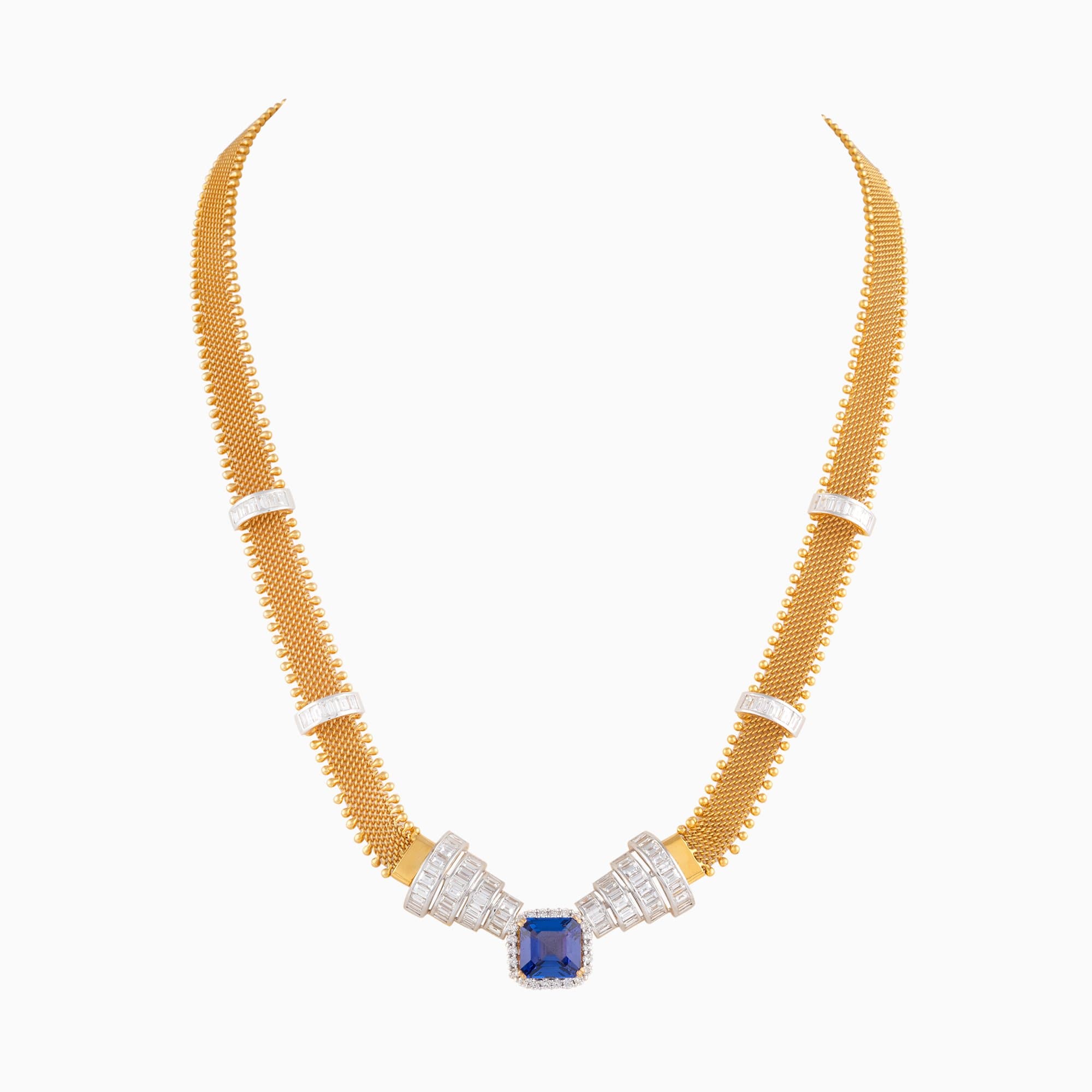 Necklace with Tanzanite c/st, Round Cut Diamond, Begg Cut Diamond in Gold Chain-WDN970