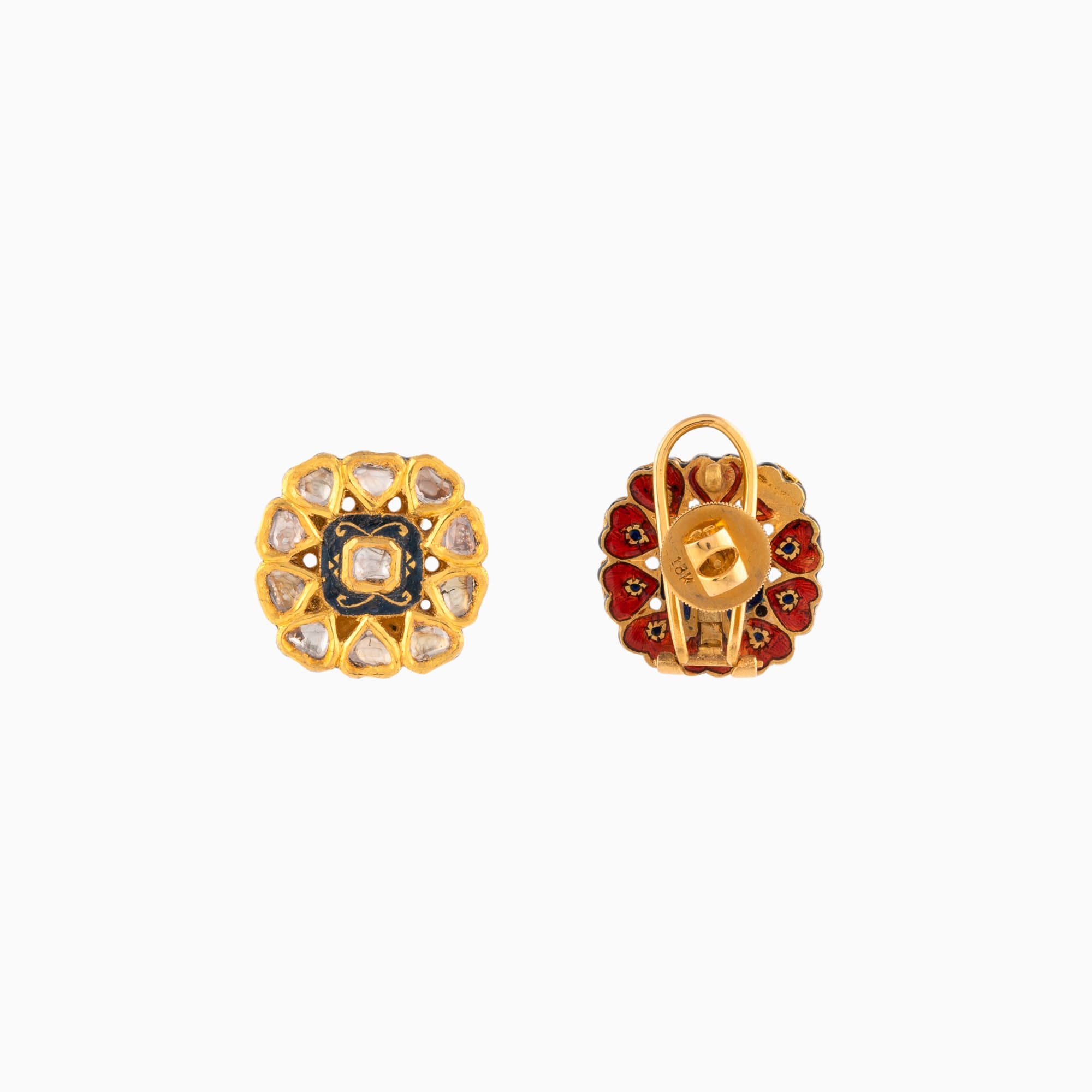 22K Gold Jadau Earring Pair with Black Meena with Uncut Diamond Polki (Handwork Enamel Doposta)- KMNE0808